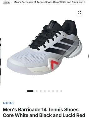 adidas Men's Barricade 14 Tennis Shoes — White, Black & Red Accent